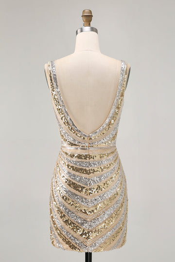Sparkly Golden V-Neck Bodycon Homecoming Dress